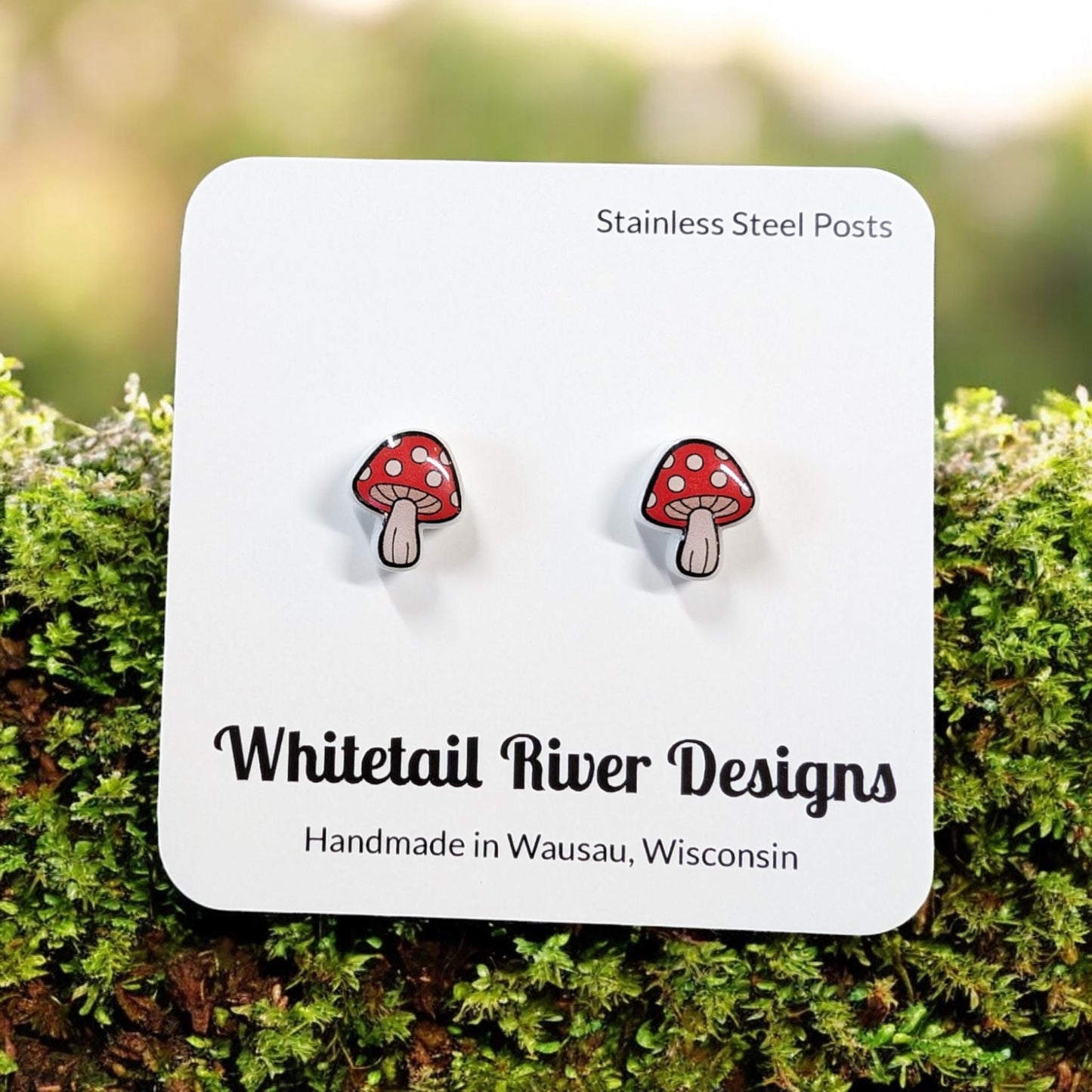 Red Mushroom with White Dots Acrylic Post Stud Earrings with Stainless Steel Posts