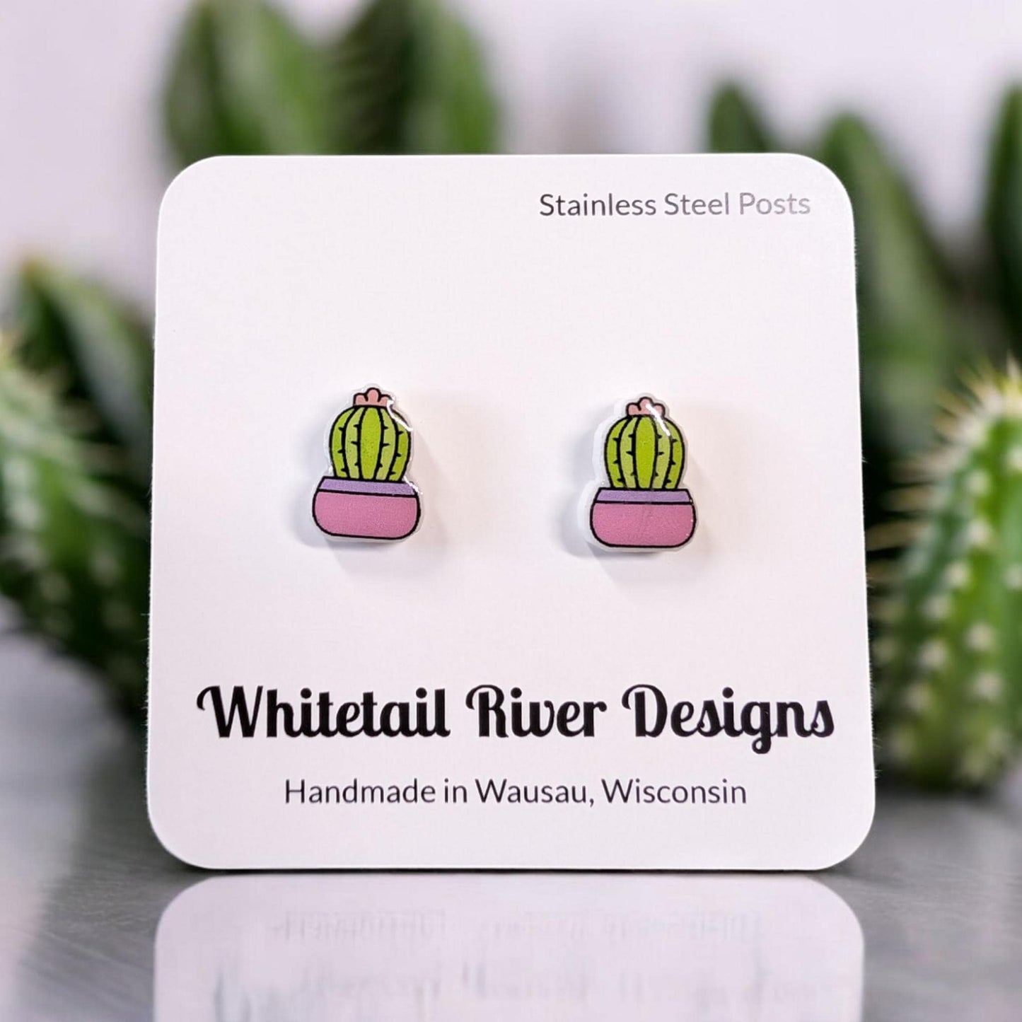 Cactus with Pink Flower Acrylic Post Stud Earrings with Stainless Steel Posts