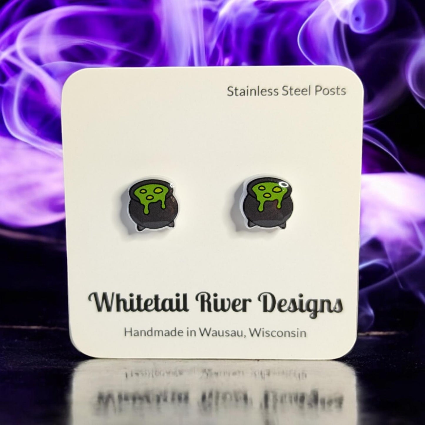 Black Witch Cauldron with Green Liquid and Bubbles White Acrylic Stud Earrings