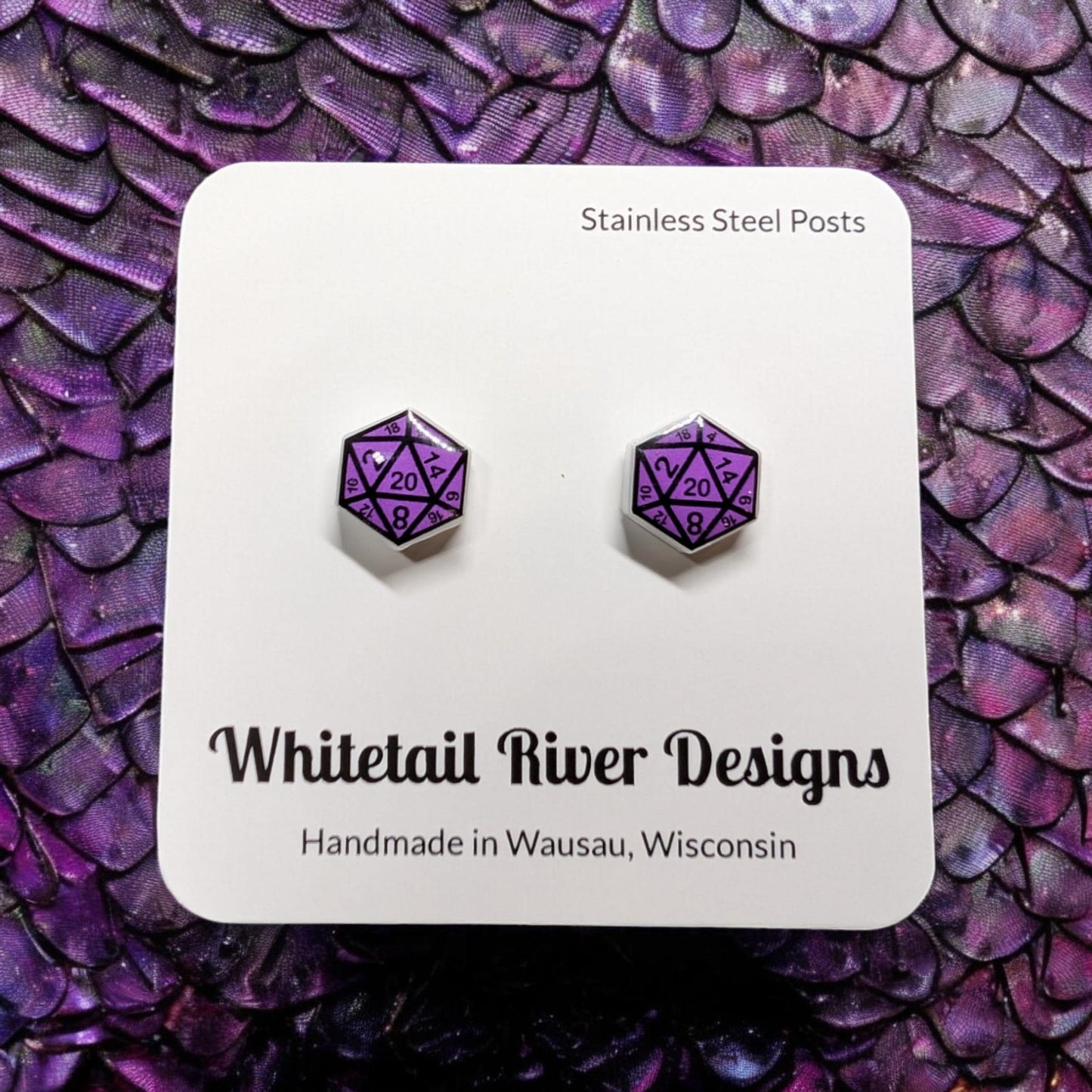 Purple D20 Twenty Sided Dice Stud Acrylic Earrings