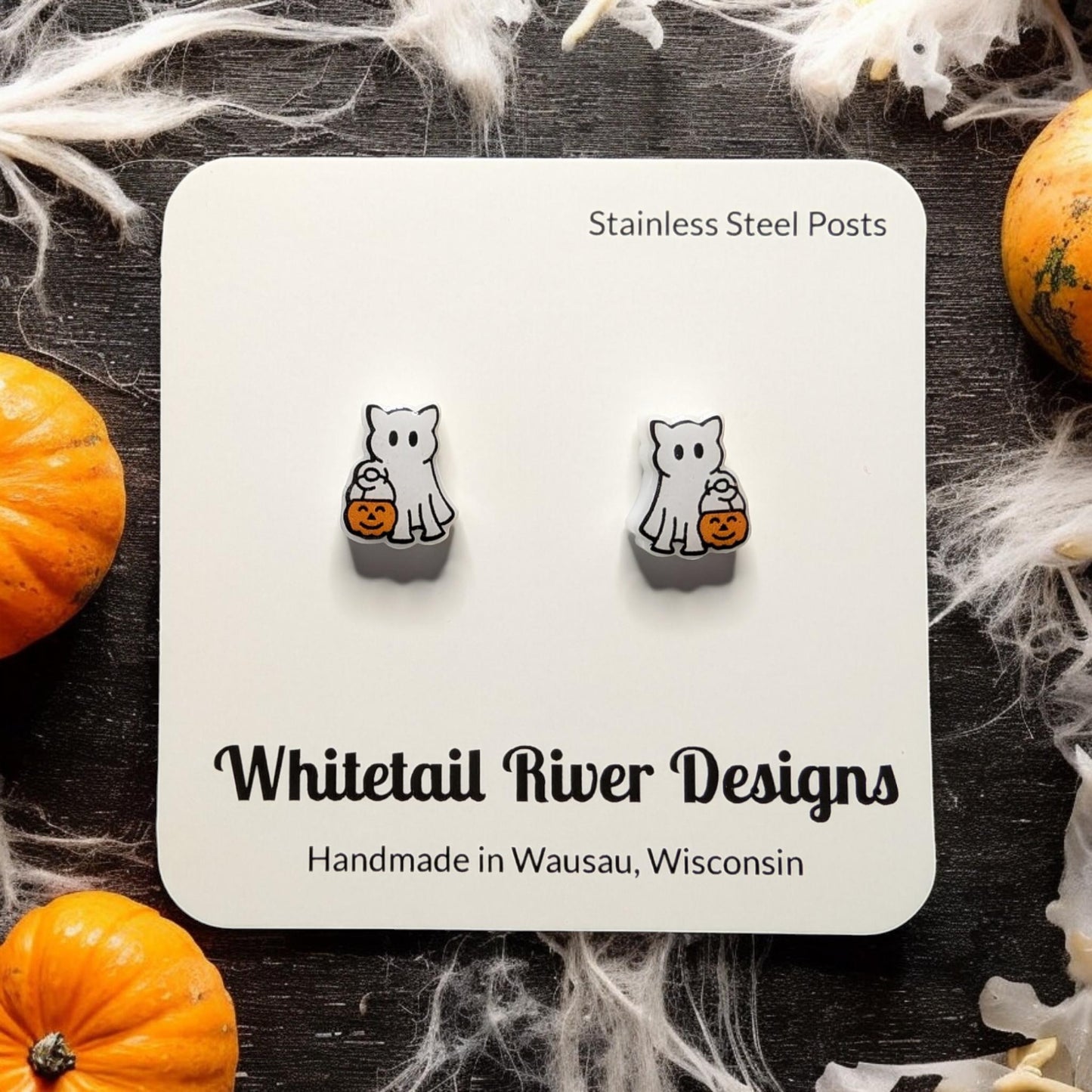 Trick or Treat Cat Ghost Acrylic Stud Earrings