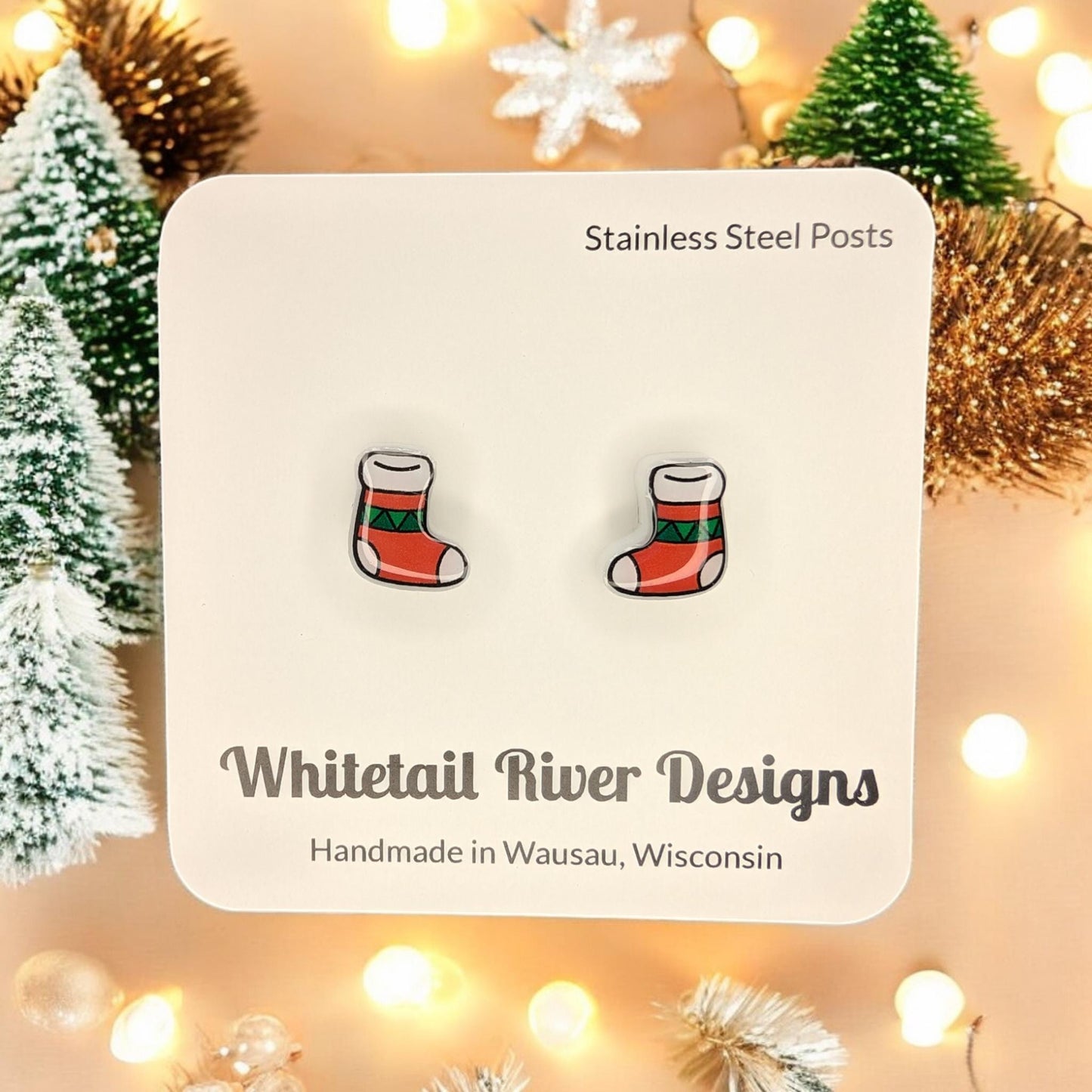 Red and Green Christmas Stocking Stud Acrylic Earrings