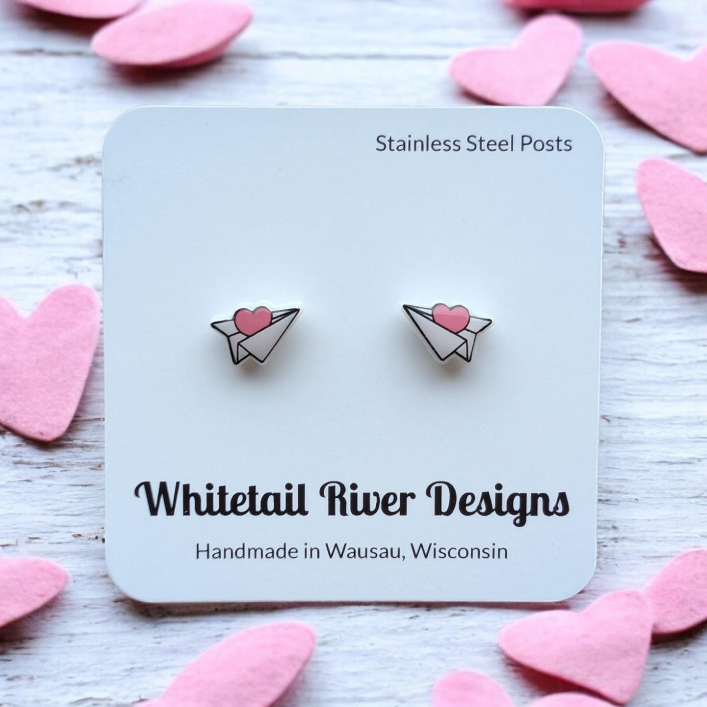 Valentine Pink Heart Paper Airplane Post Acrylic Earrings with Stainless Steel Posts