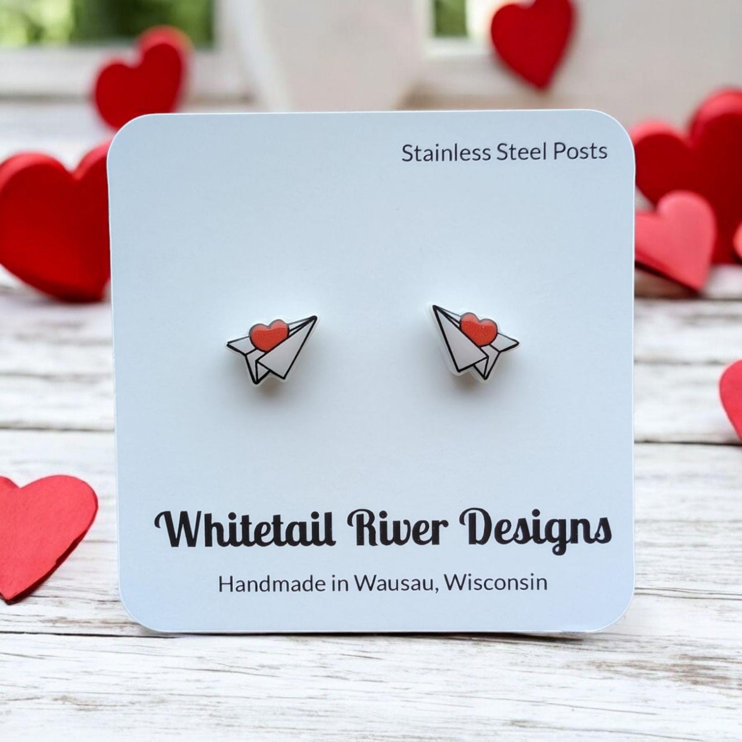 Valentine Heart Paper Airplane Post Acrylic Earrings with Stainless Steel Posts