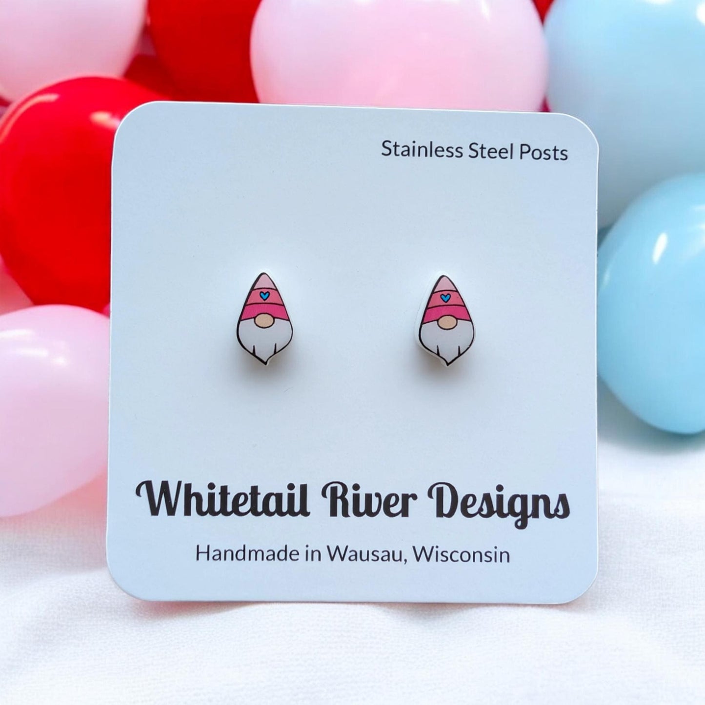 Valentine Gnome White Acrylic Earrings with Stainless Steel Posts