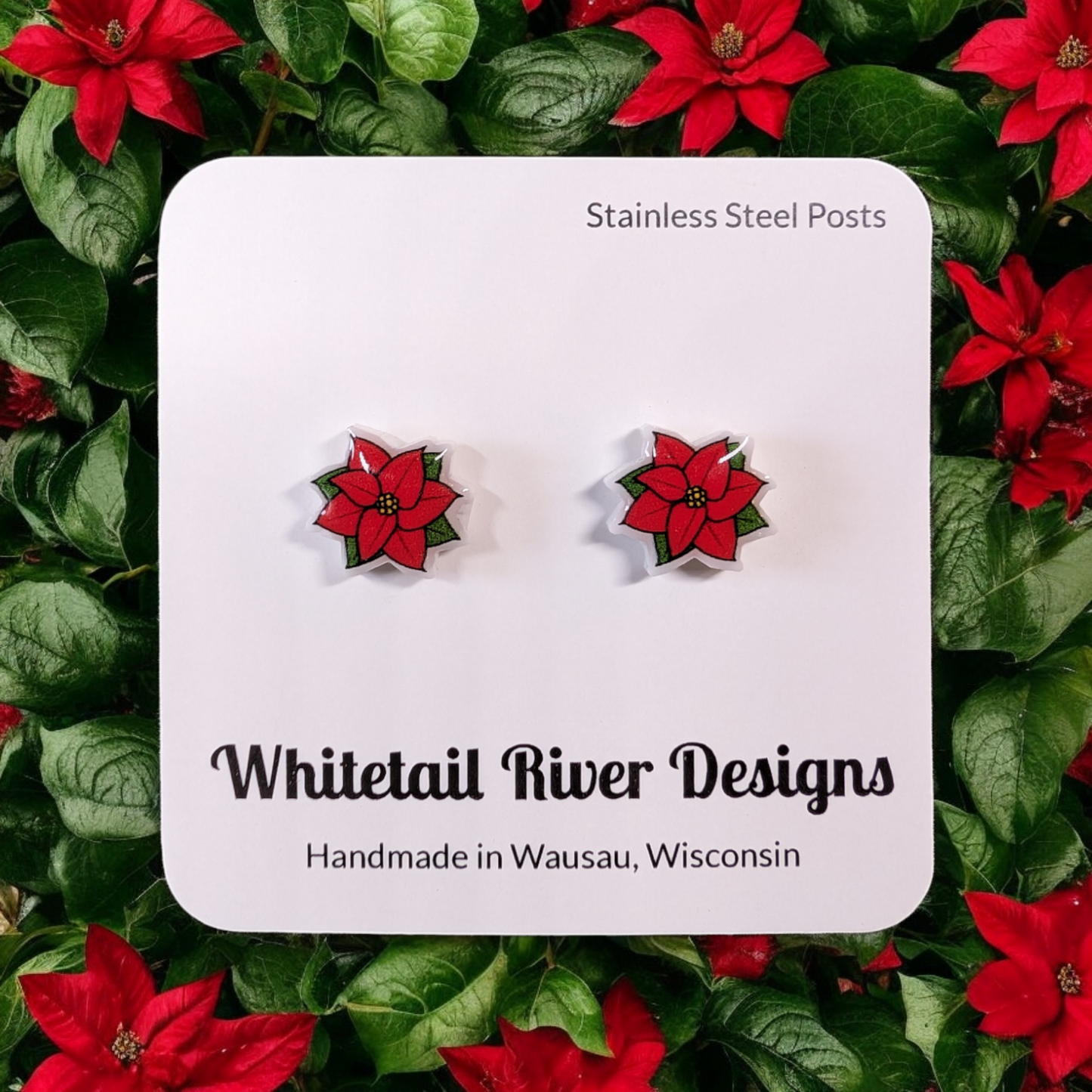 Red Poinsettia Acrylic Post Stud Earrings with Stainless Steel Posts