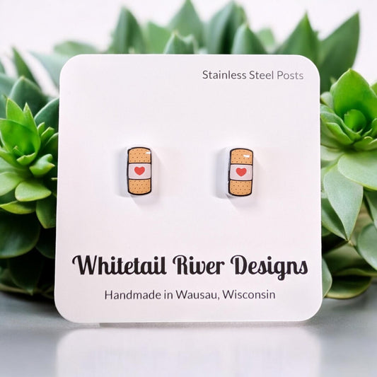 Bandage with Heart Acrylic Post Stud Earrings with Stainless Steel Posts