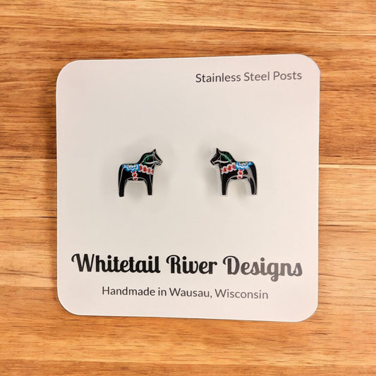Black Dala Horse Acrylic Post Stud Earrings with Stainless Steel Posts - Updated Style