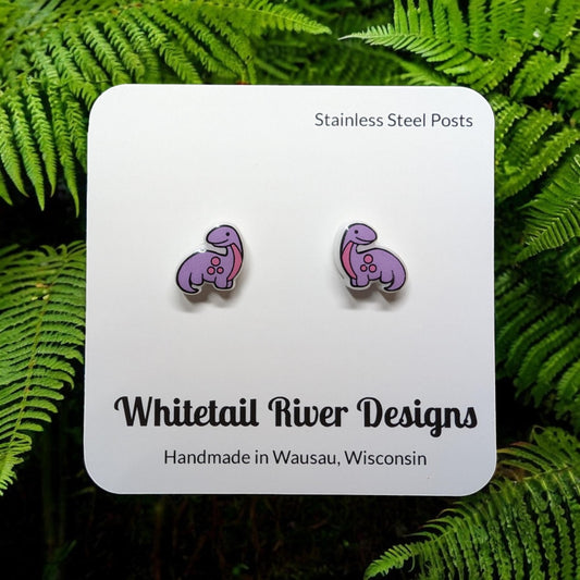 Purple and Pink Brontosaurus Dinosaur Acrylic Stud Earrings