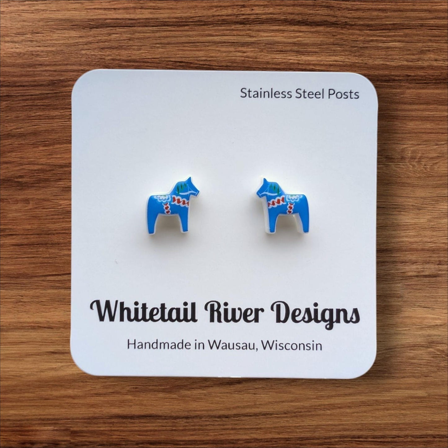 Blue Dala Horse Acrylic Post Stud Earrings with Stainless Steel Posts