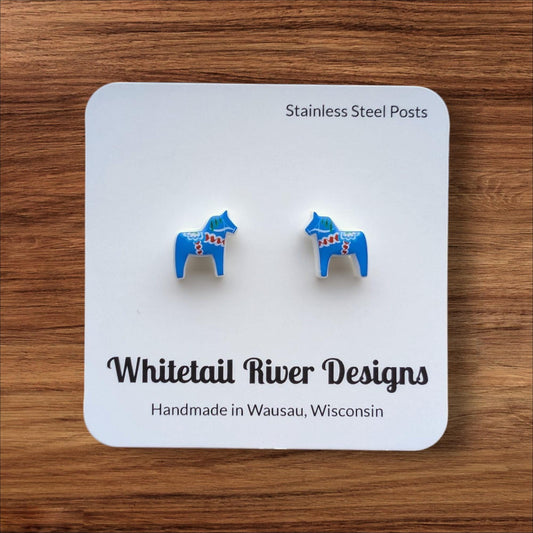 Blue Dala Horse Acrylic Post Stud Earrings with Stainless Steel Posts