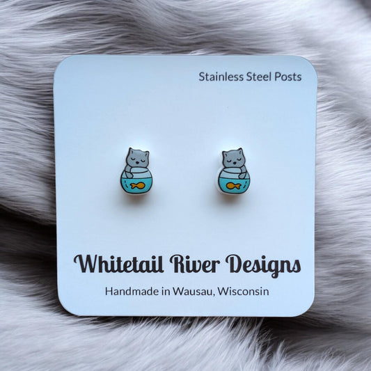 Cat and Goldfish Bowl Acrylic Earrings with Stainless Steel Posts