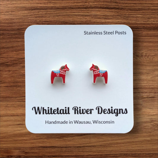 Red Dala Horse Acrylic Post Stud Earrings with Stainless Steel Posts - Updated Style