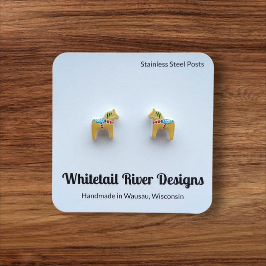 Yellow Dala Horse Acrylic Post Stud Earrings with Stainless Steel Posts