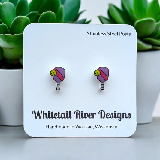 Purple and Maroon Pickleball Paddle with Ball Stud Acrylic Earrings with Stainless Steel Posts