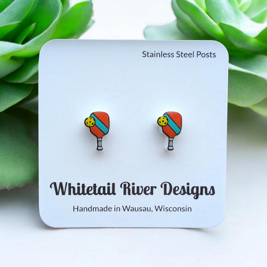 Orange and Turquoise Pickleball Paddle with Pickleball Ball Stud Acrylic Earrings with Stainless Steel Posts