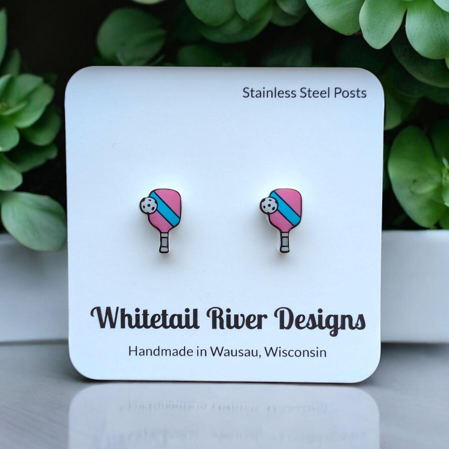 Pink and Blue Pickleball Paddle with Pickleball Ball Stud Acrylic Earrings with Stainless Steel Posts