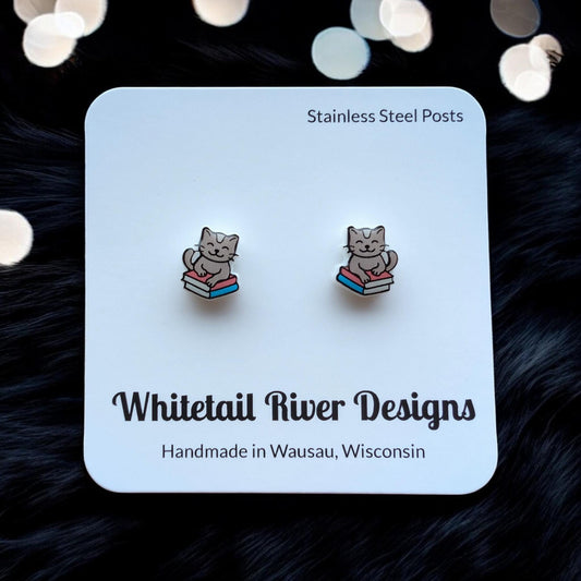 Cat with Pink and Blue Books Stud Acrylic Earrings with Stainless Steel Posts
