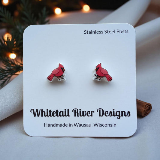 Winter Cardinal Acrylic Post Earrings with Stainless Steel Posts