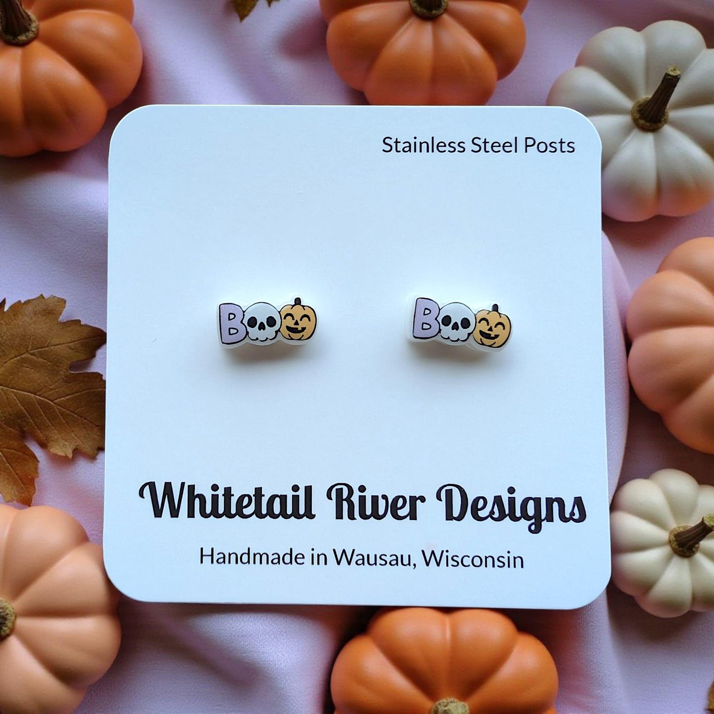 Boo Skull and Pumpkin Pastel Stud Earrings with Stainless Steel Posts