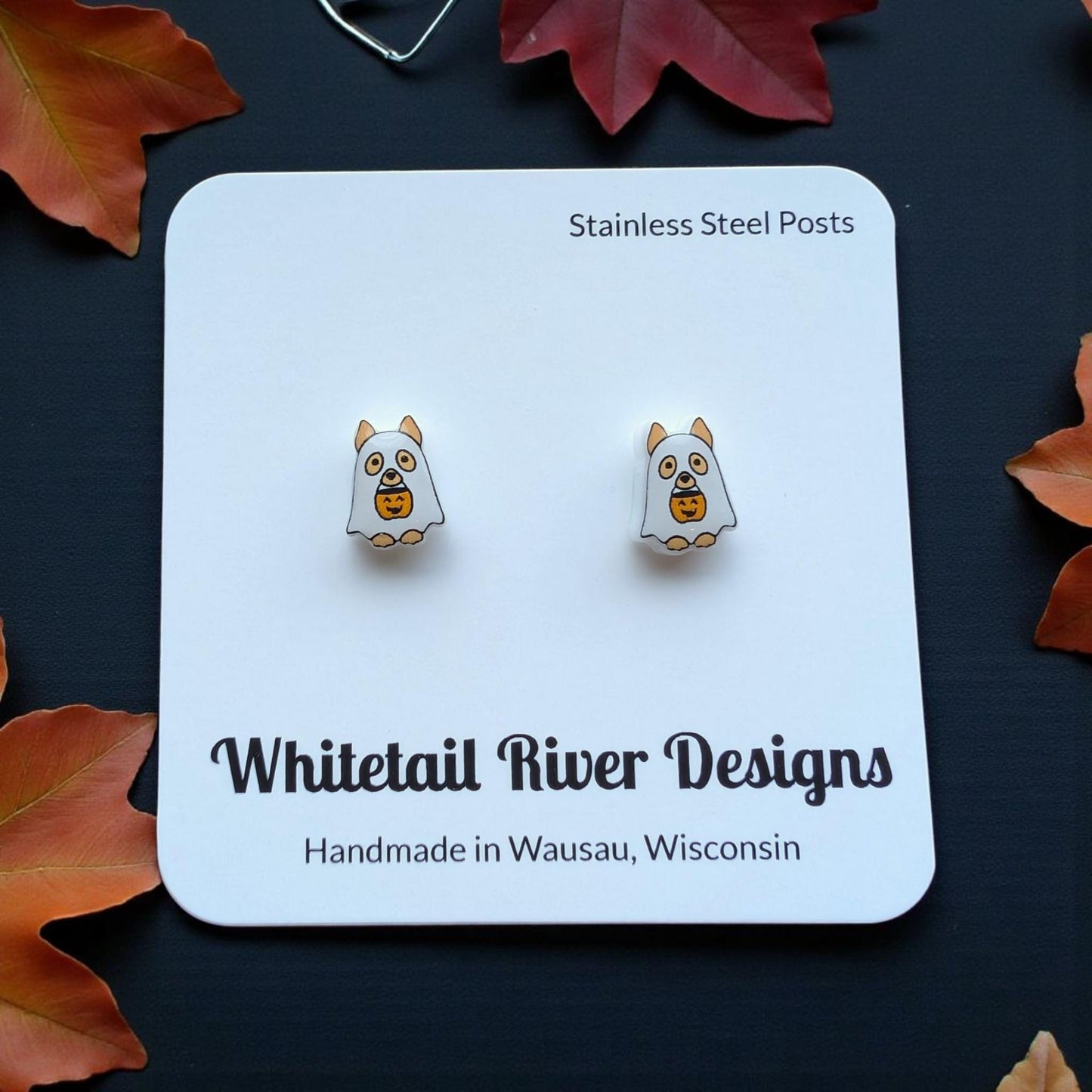 Ghost Dog Trick or Treat Stud Earrings with Stainless Steel Posts