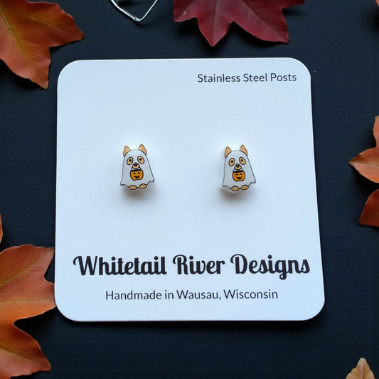 Ghost Dog Trick or Treat Stud Earrings with Stainless Steel Posts