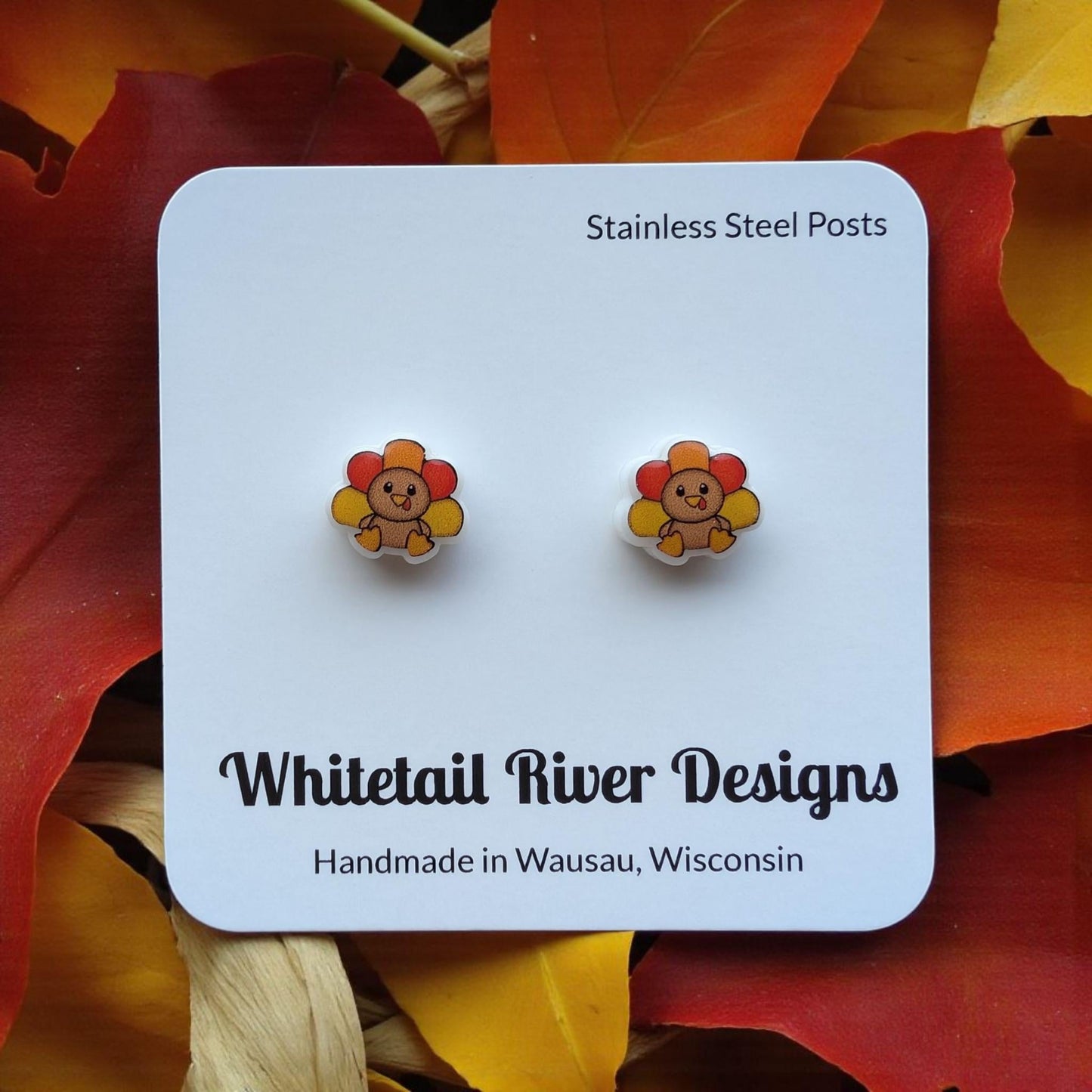 Chunky Sitting Thanksgiving Turkey Stud Earrings with Stainless Steel Posts