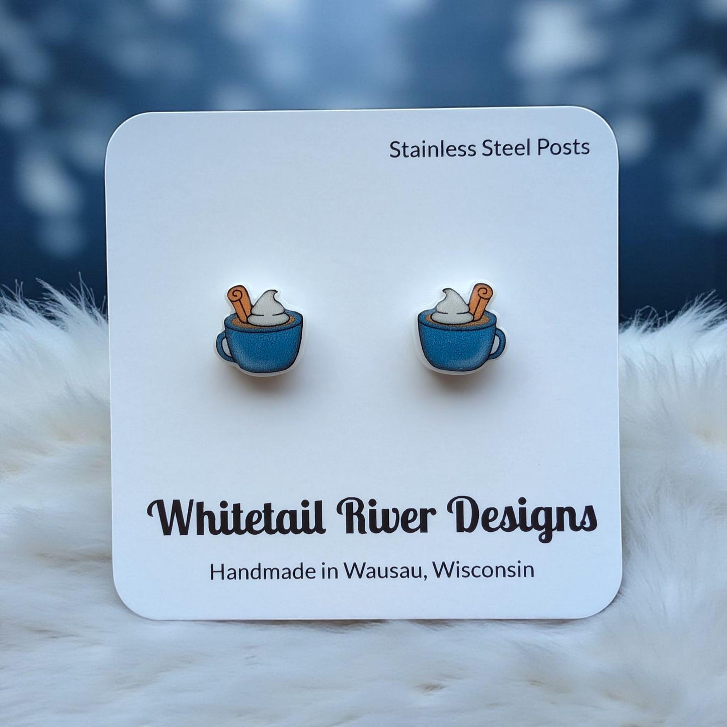 Hot Chocolate with Whipped Cream and Cinnamon Stick in a Blue Mug Acrylic Stud Earrings